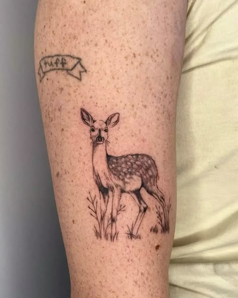 Forest Animals Tattoo, Life Is Strange Deer Tattoo, Black And Grey Deer Tattoo, Life Is Strange Tattoo, Deer Tattoo Ideas, Baby Deer Tattoo, Fawn Tattoo, 24 Tattoo, Deer Tattoos