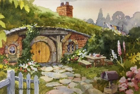 Long was the way that fate them bore... Shire Nursery, Hobbit Artwork, Casa Do Hobbit, Hobbiton New Zealand, Bag End, Hobbit Door, Casa Hobbit, Plein Air Watercolor, Hobbit Art