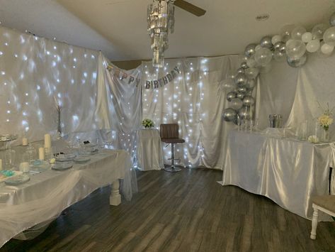 White Theme Birthday Party Ideas, White Out Birthday Party, White Drapes Living Room, Silver And White Outfit, White Out Theme, 18th Birthday Party Ideas Theme Decoration, White Birthday Party Theme, Silver Anniversary Decorations, White And Silver Party