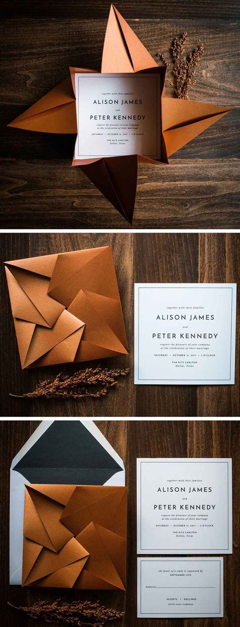 Want wedding invitations that are totally original? If so, you’ll love the idea of creating origami from them. Origami is all about the art of folding to create something that’s more than just paper and your guests will love receiving one of these fascinating DIY wedding invite designs. #weddinginvitations #weddinginvites #diy #diywedding #diyideas #invitation #wedding #weddingideas #weddinginspiration #rustic #homemade #origami Origami Wedding Invitations, Red Cards, Diy Your Wedding, Origami Wedding, Boda Diy, Design Invitation, Trendy Wedding Invitations, Invitations Diy, Invitation Inspiration