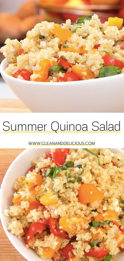 This Summer Tomato Quinoa Salad is a fresh and easy way to use up veggies from the garden. Made with cherry tomatoes, basil, feta, and crushed garlic, it's a simple and healthy option for lunches. Check out the video to see how quickly it comes together! (Gluten Free   Vegetarian) Tomato Quinoa Salad, Basil Quinoa, Summer Quinoa Salad, Quinoa Salad Recipe, Clean And Delicious, Quinoa Salad Recipes, Summer Tomato, Healthy Summer Recipes, Summer Pasta Salad