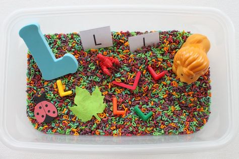 I like the idea of incorporating the letter of the day into the sensory bin.  Could add more items that begin with that letter and have the children cross them off on the list.  Would allow for exploration with senses as well as work on literacy concepts. Alphabet Sensory Bin, Abc Practice, Teaching Abcs, Letter Activity, Letter D Crafts, Sensory Tables, Tot Trays, Lovely Letter, Sensory Tubs