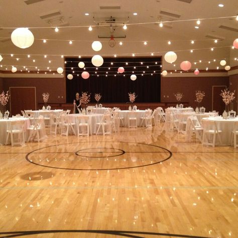 Cultural hall wedding #legacyweddingsutah Reception In A Gym, Wedding Reception Gym Ideas, Dinner Dance Decorations, Banquet Hall Decorations Birthday, Dance Hall Decorations, Event Hall Decoration, Hall Decoration Ideas Party Simple, Birthday Hall Decorations Ideas, Birthday Decoration Ideas At Hall