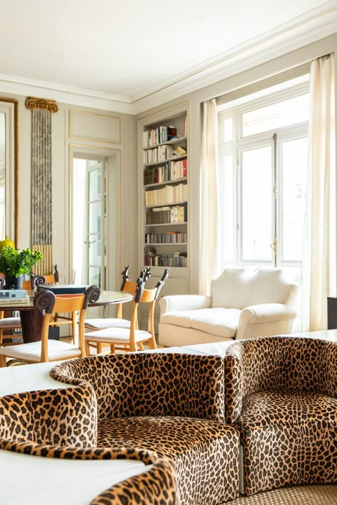 Sylvie de Chirée and Philippe Rapin, Virgile Dumont - The Socialite Family Leopard Print Sofa, Jazz House, Animal Print Furniture, Herringbone Wood Floor, Socialite Family, Printed Sofa, Paris Home, Vintage Sofa, Elegant Homes