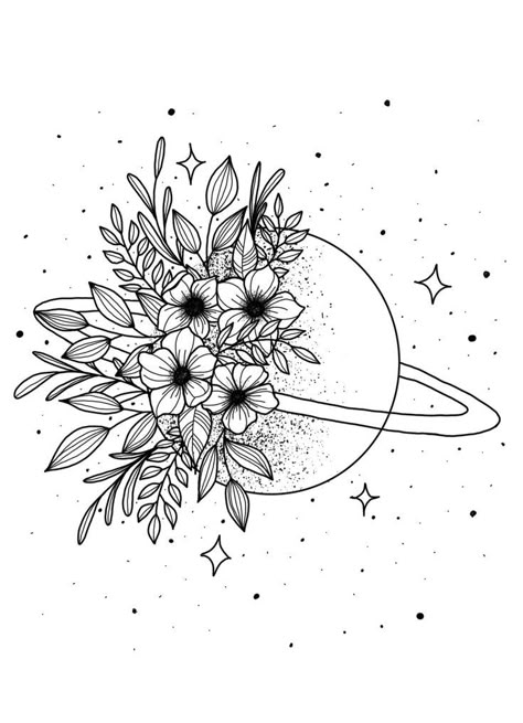 Planet With Flowers Tattoo, Planet Flower Drawing, Georgia On My Mind Tattoo, Saturn And Flowers Tattoo, Saturn Floral Tattoo, Planet And Flowers Tattoo, Saturn With Flowers Tattoo, Flower Planets Tattoo, Planets And Flowers Tattoo