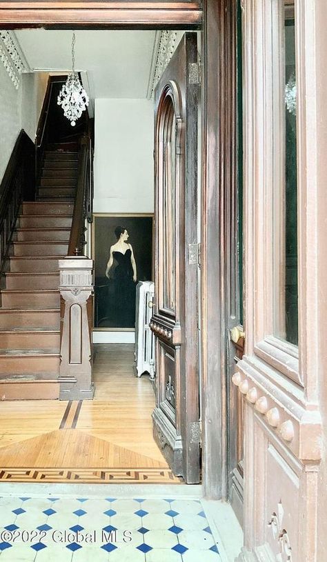 1855 Victorian Brownstone For Sale in Troy, New York - OldHouses.com Arched Pocket Doors, Shower Wood Floor, Plaster Molding, Pressed Tin Ceiling, Troy New York, House Mansion, Arch Doorway, Interior Columns, Troy Ny