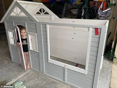 Creative mother hacks the $179 Kmart cubby house into a French-inspired patisserie Plastic Cubby House Makeover, Kmart Cubby House Hack, Cubby House Accessories, Cubby House Exterior Colours, Bunnings Cubby House Hack, Diy Cubby House, Kmart Cubby House, Bunnings Cubby House, Kmart Cubby