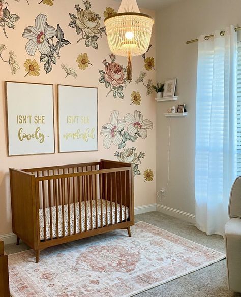 These wall decals look amazing on any color wall! The blush pink walls make them pull more feminine in this nursery, but against a moodier wall they look more boho.⁠ ⁠ Celebrate our Sixteenth Birthday with us right now with code: SWEET16 for 16% off!⁠ ⁠ 📸: @heyelizabeth⁠ ⁠ #projectnursery #nursery #bohonursery #femininenursery #girlnursery #babygirlnursery #nurserydecor #nurseryinspo #floralnursery #floralwalldecals Blush Pink Walls, Flower Peel And Stick Wallpaper, Boho Floral Nursery, Feminine Nursery, Nursery Accents, Nursery Accent Wall, Floral Wall Decals, Vintage Flowers Wallpaper, Nursery Room Inspiration