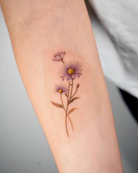 Small Tattoo For Women, Aster Flower Tattoo, Aster Tattoo, Aster Flower Tattoos, Easy Hair Ideas, Bookish Tattoos, 2024 Hairstyles, Bouquet Tattoo, Clever Tattoos