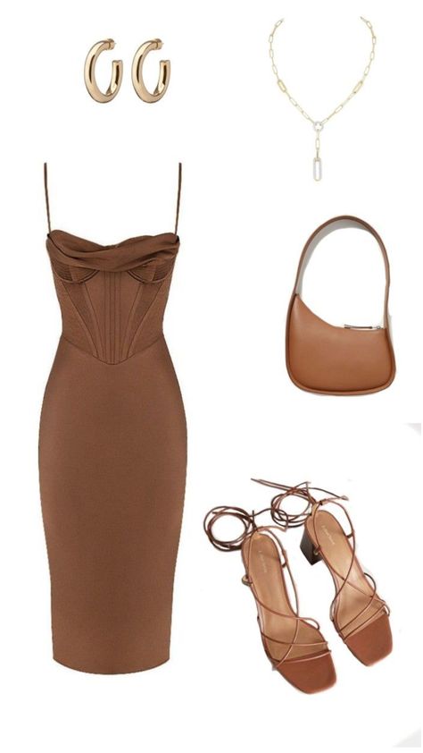 Brown Outfits For Women Summer, Bridal Dinner Outfit Guest, Brown Outfit With Silver Jewelry, Brown Semi Formal Dress, Brown Cocktail Dress Outfit, Chocolate Brown Wedding Guest Dress, Mocha Dress Outfit, Shades Of Brown Party Outfits, Brown Wedding Guest Outfit