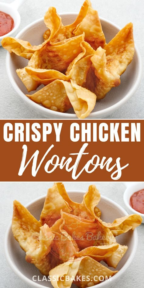 Chicken Wonton Recipes Filling, Crispy Baked Wontons, Chicken Won Tons Recipes, How To Cook Wontons, Ground Chicken Wonton Recipes, Ground Chicken Wontons, Buffalo Chicken Wontons Fried, Fried Chicken Wontons, Wonton Filling Recipe Chicken