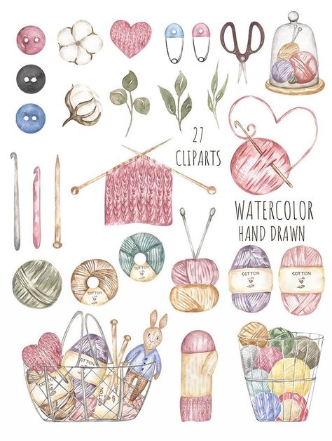 Watercolor Knitting, Knitting Clipart, Sewing Essentials, Scrapbook Stickers Printable, Craft Printing, Clip Art Vintage, Diy Set, Arte Sketchbook, Crochet Diy