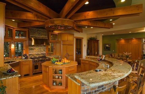 Unique and rustic kitchen with octagon shaped island fitting in the middle.2) Classic Kitchen, Luxury Kitchens, House Goals, Counter Tops, Kitchen Layout, Beautiful Kitchens, Log Homes, Rustic Kitchen, Dream Kitchen