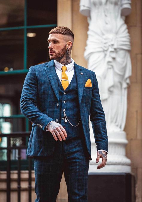 Blue Three Piece Suit, Wedding Suit Ideas, Formal Wedding Suit, Tweed Wedding, Three Piece Suits, Tweed Wedding Suits, Groom Suits, Suit Pin, Classy Suits