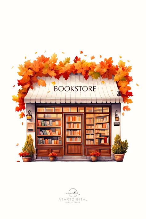 Autumn Bookstore, Autumn Graphic Design, Bookstore Sticker, Fall Graphic Design, Planner Pictures, Cozy Illustration, Fall Illustration, Fall Graphic Tee, New Nature Wallpaper