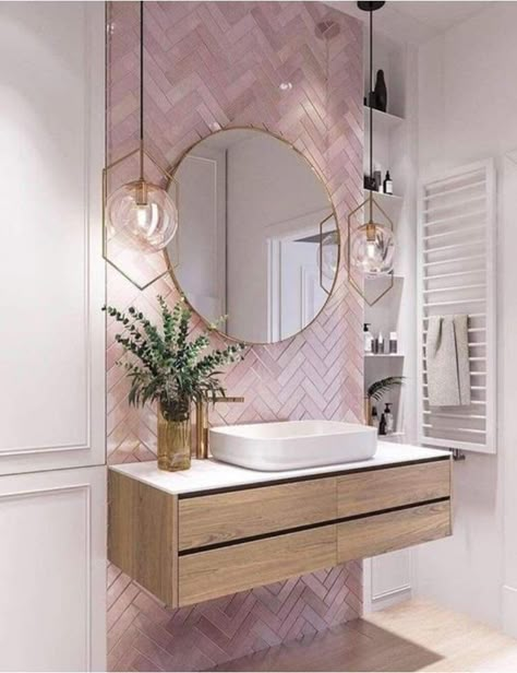 Pink Bathroom Tiles, Bad Inspiration, Budget Bathroom, Pink Bathroom, Dream Bathrooms, Building A New Home, Bathroom Renos, White Tiles, Bathroom Style