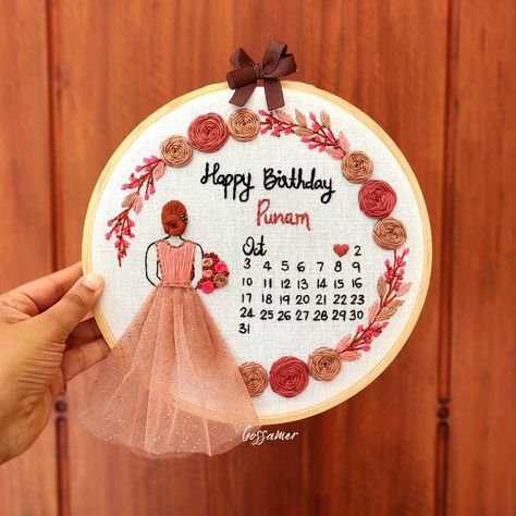 Watch complete step by step tutorial in my youtube channel "Embroidery by Gossamer" ❤️ Birthday Calendar Hoop Embroidery, Calendar Hoop Embroidery, Birthday Embroidery Designs, Love Calendar, Embroidery Hoop Art Diy, Cutwork Blouse, Simple Hand Embroidery Patterns, Ribbon Embroidery Tutorial, Digital Embroidery Patterns