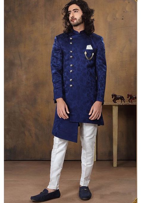 Navy Blue Wedding Wear Indo Western Outfit Indo Western Dress For Men, Navy Blue Kurta, Velvet Pant, Mens Sherwani, Western Suits, Blue Kurta, India Dress, Indo Western Dress, Navy Outfit