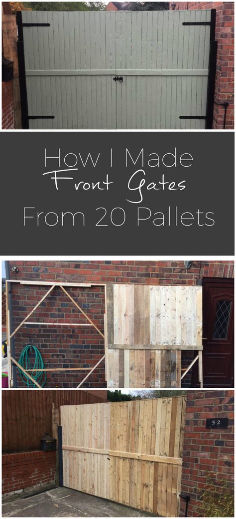 #Fence, #FrontGate, #Garden, #GardenGate, #Gate, #RecyclingWoodPallets We had some old rough iron gates that needed replacing (see the last picture). We looked at wooden gates, but these were expensive, so I challenged myself to make my own out of pallets. You can see in the pictures my process. Driveway Gate Diy, Pallet Gate, Outdoor Pallet Projects, Repurpose Pallets, Pallet Projects Garden, Outdoor Pallet, 1001 Pallets, Pallet Fence, Driveway Gates