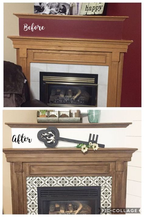 Oak Fireplace Makeover Before And After, Refinishing Electric Fireplace, Painted Wood Fireplace Ideas, Electric Fireplace Makeover Diy, Painting Fireplace Mantel, Oak Fireplace Makeover, Painted Electric Fireplace, Painted Mantle Ideas, Chalk Paint Fireplace