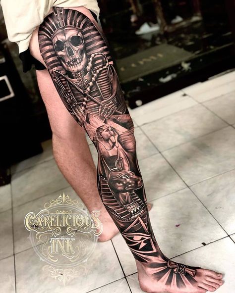 Anubis Leg Tattoo, Best Leg Tattoos, Lower Leg Tattoos, Egyptian Tattoo Sleeve, Full Leg Tattoos, Egypt Tattoo, Tattoo Inspiration Men, Back Of Shoulder Tattoo, Tattoos For Black Skin