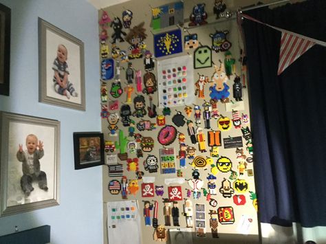 Completed my perler wall today! Perler Bead Bedroom Decor, Peeler Bead Room Decor, Perler Wall, Peler Beads Door, Perler Bead Wall, Perler Bead Room Decor Wall Art, Room & Board, Dream Room, Girl's Room