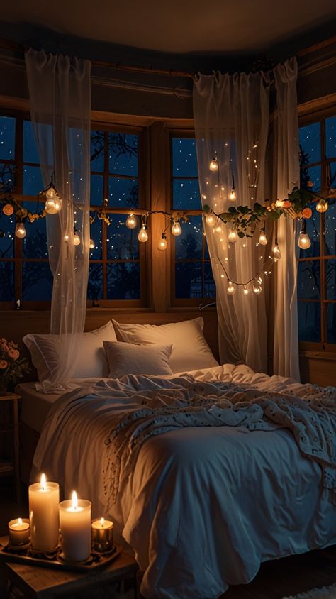 Magical Bedroom Ideas For Adults, Cosy Apartment Aesthetic, Night Time Aesthetic Bedroom Cozy, Cozy Couples Bedroom, Cosy Bedroom Aesthetic, Candlelit Bedroom, Married Bedroom, Couple Bedroom Ideas For Small Rooms, Comfy Bed Aesthetic