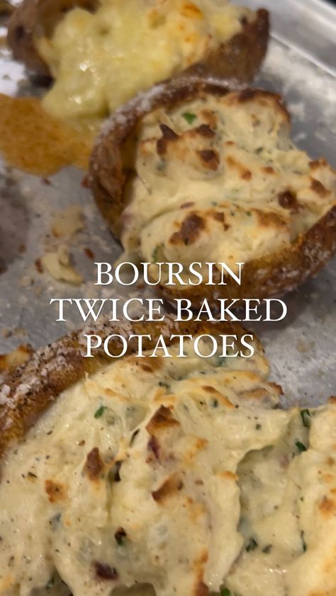 BOURSIN TWICE BAKED POTATOES 🥔 NEED.I.SAY.MORE. Ya’ll these are unreal. We were all speechless to be honest, lol. I don’t really have much more to add except…go to the store and get the ingredients to make this immediately. That is all. INGREDIENTS: 5 Russet Potatoes 2 packages Garlic & Herb Boursin 3 TBSP Salted Butter Flaky Maldon Salt Freshly Cracked Black Pepper 1/3 CUP half & half or heavy cream 1/3 CUP minced chives, plus more for garnish 3 strips of cooked bacon, chopped EVOO DIRECTI Entree With Mashed Potatoes, Half Baked Harvest Potatoes, Boursin Baked Potato, Boursin Twice Baked Potato, Boursin Potatoes Recipe, Twice Stuffed Baked Potatoes, Recipe With Russet Potatoes, Best Twice Baked Potatoes Recipe, Boursin Cheese Potatoes