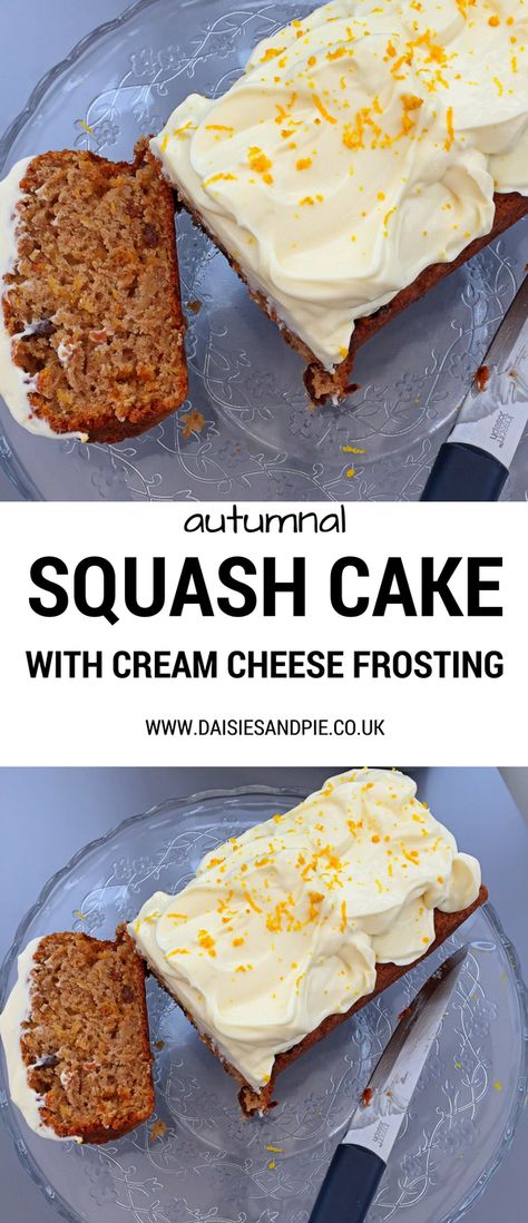 Autumnal squash cake with orangey cream cheese frosting, delicious autumn cake recipe, easy family food Yellow Squash Cake, Squash Cake, Squash Cakes, Bariatric Meals, Autumn Cake, Delicious Cupcakes Recipes, Cupcakes Recipes, Healthy Cake Recipes, Amazing Desserts