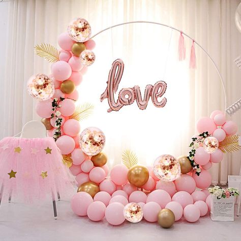 Round Balloon Arch, Gold And Pink Balloons, Valentines Birthday Party, Balloon Arch Kit, Gold Confetti Balloons, Rose Gold Confetti, Round Balloons, Metallic Balloons, Balloon Stands