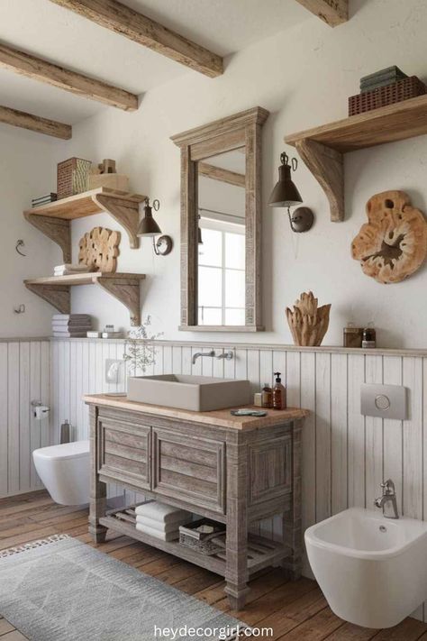 15 Modern French Farmhouse Bathroom Decor Ideas - Hey Decor Girl [Latest Trending Decor Design Ideas] Farmhouse Vanity Sink, French Farmhouse Bathroom Decor, Small Bathroom Vanities Farmhouse, Modern Bathroom Design Latest Trends, French Farmhouse Bathroom, Modern French Farmhouse, Farmhouse Bathroom Decor Ideas, Farmhouse Bathroom Vanity, Small Bathroom Vanities