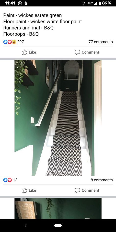 Sage Green Stairs And Landing, Green Stairwell, Green Floor Paint, Black Hallway, Upstairs Hallway, Lounge Ideas, Green Flooring, White Floors, House Decorating