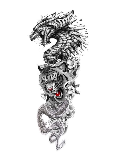 Crouching Tiger Hidden Dragon Tattoo, Japanese Stencil Tattoo, Fire Tiger Tattoo, Animal Back Tattoo, Tiger And Dragon Tattoo, Dragon And Tiger Tattoo, Realistic Tattoo Ideas, Dragon Tiger Tattoo, Celtic Tattoo For Women