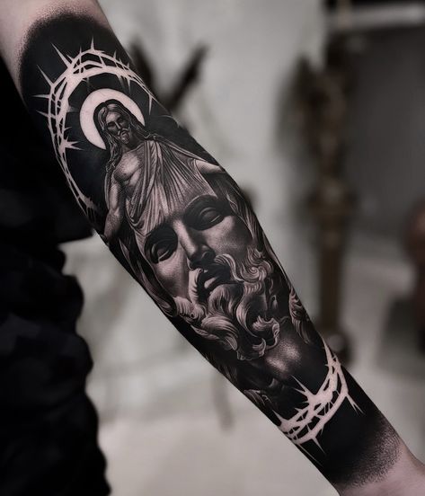 Cathedral Tattoo, Wing Tattoo Men, Around Arm Tattoo, Lion Tattoo Sleeves, Realistic Tattoo Sleeve, Statue Tattoo, Men Tattoos Arm Sleeve, Epic Tattoo, Clever Tattoos