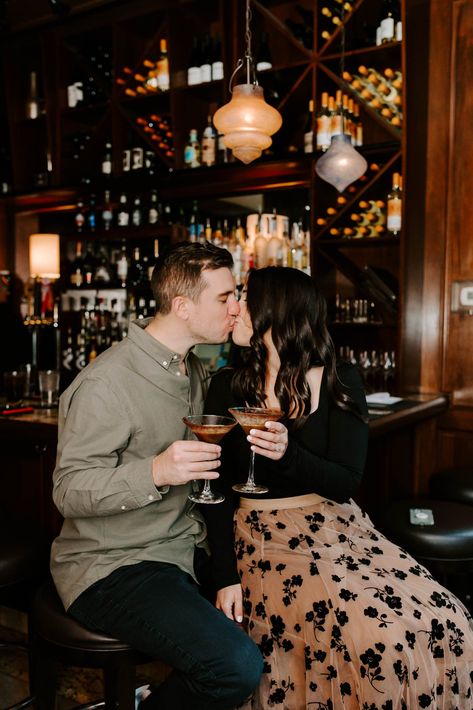 Vintage Bar Engagement Photos, Old Bar Engagement Photos, Fun Couple Poses, Hotel Bar Engagement Photos, Engagement Photo Location Ideas, Editorial Engagement Photos Bar, North End Boston Engagement Photos, Boston Elopement, Boston Couple