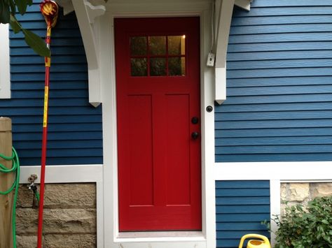 Blue House, White Trim, and Red Door in Elmhurst - Opal ... Blue House White Trim, Brick House Front Door Colors, Navy Blue Houses, Pintu Ganda, Dark Blue Houses, Red Door House, Exterior Home Renovation, Best Front Door Colors, Blue Houses