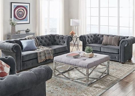 Barrington Charcoal Velvet 3 Pc. Living Room - The RoomPlace Chesterfield Sectional, Clearance Outdoor Furniture, Cheap Living Room Sets, Living Room Pieces, Tufted Loveseat, Living Room Collections, Elegant Living, Grey Velvet, Living Room Seating