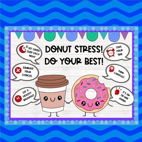 Testing Bulletin Board, Donut Stress, Test Taking Encouragement Bulletin Board, Door Décor, or Poster It's that time of year....TESTING. Claim testing jitters and encourage with this super cute bulletin board. This board includes 6 testing strategies, which will give students a few tips. Perfectly suited for bulletin boards of all sizes, or even your door.    Item is a digital download for your bulletin board. After purchasing, you will receive an email with a PDF that includes the set. You will Testing Bulletin Boards, Flower Bulletin Boards, Motivational Bulletin Boards, Bats Unit, Counseling Bulletin Boards, Testing Encouragement, Cute Bulletin Boards, Classroom Bulletin Board, Health And Physical Education