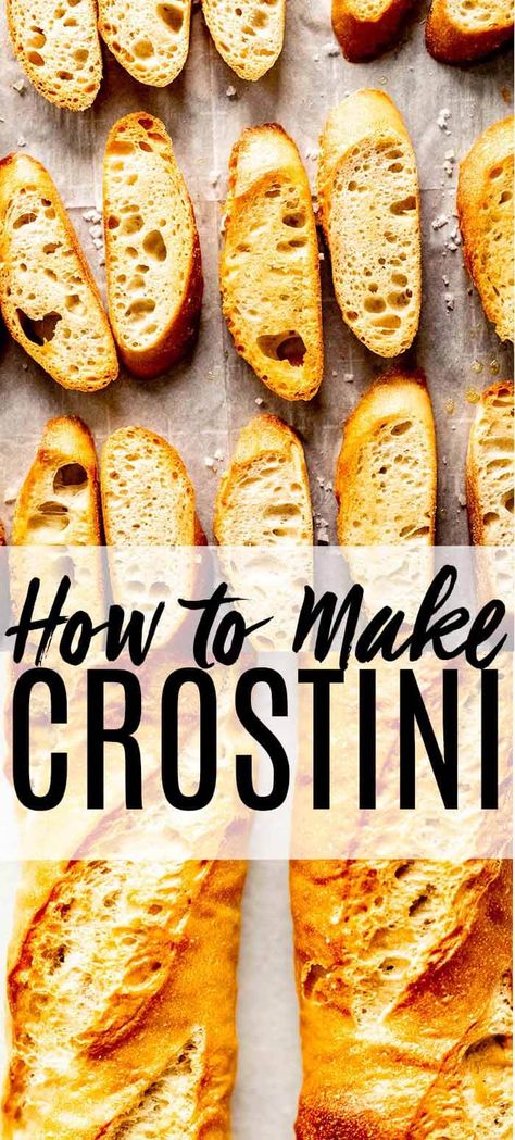 Crostini are easy to make at home using just 3-ingredients - bread, olive oil and salt. This simple crostini recipe is the perfect appetizer for parties. You can make them ahead of time and serve them with a variety of toppings. // appetizers // how to make // winter // fall // bruschetta // bread How To Make Crostini Toast, Fall Bruschetta, Easy Crostini, Crostini Bread, How To Make Crostini, Bruschetta Bread, Bread Olive Oil, Bruschetta Appetizer, Crostini Recipe