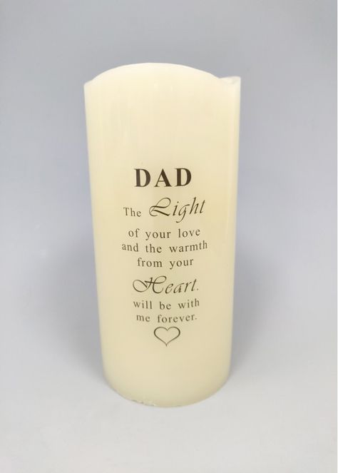 DAD LED Flickering Memorial Candle  DAD The light of your love  and the warmth from your heart  will be with me forever  Requires 2 x AA batteries (not supplied). Measures 15 cm.   Please note: These candles are made from resin Cannot be lit and have no fragrance. Candle In Memory Of A Loved One, In Loving Memory Candle, Candle Light Memorial, Candle Remembrance In Memory Of, Rememberence Candle, Mother Theresa Quotes, Personalized Memorial Candles, Dad In Heaven, Memorial Candle