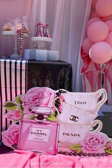 Take a look at this stunning Chanel Parisian birthday party! Love the party decorations See more party ideas and share yours at CatchMyParty.com  #catchmyparty #partyideas #chanel #chanelparty #parisianparty #paris #girlbabyshower #drivebybabyshower Chanel Party Decorations, Coco Chanel Party Decorations, Chanel Baby Shower, Parisian Birthday, Coco Chanel Party, Parisian Birthday Party, Baby Shower Party Planning, Paris Baby Shower, Parisian Party