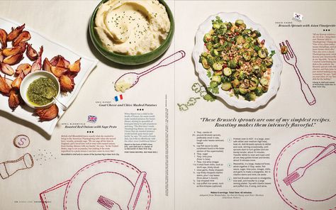 Stephen Campbell—Commission to hand stitch 3 table cloths for a food feature in the November 2011 issue of O Magazine. Food Magazine Layout, Recipe Book Design, Fashion Magazine Layout, 잡지 레이아웃, Cookbook Design, Zine Design, Graphic Design Ads, Food Journal, Food Magazine