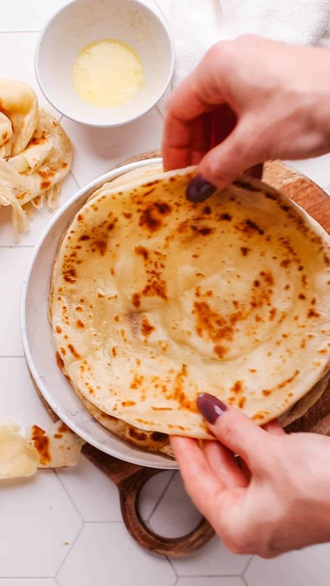 Paratha (Flaky, Layered Indian Flatbread) | It's Just SO GOOD! Paratha Recipes, Whole Wheat Flour, Ghee, Flatbread, Naan, International Recipes, Wheat, Bread Baking, Dough