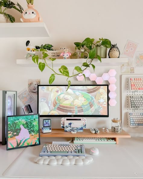 Giggi | Happy Thursday lovelies 🍃🐣 How much do you like Studio Ghibli?? I can’t decide on a style for my desk since I love so many things—from… | Instagram Studio Ghibli Office Decor, Studio Ghibli Workspace, Studio Ghibli Office Aesthetic, Studio Ghibli Desk, Ghibli Gaming Setup, Corner Desk Ideas, Anime Office, Aesthetic Desks, Studio Ghibli Desk Aesthetic