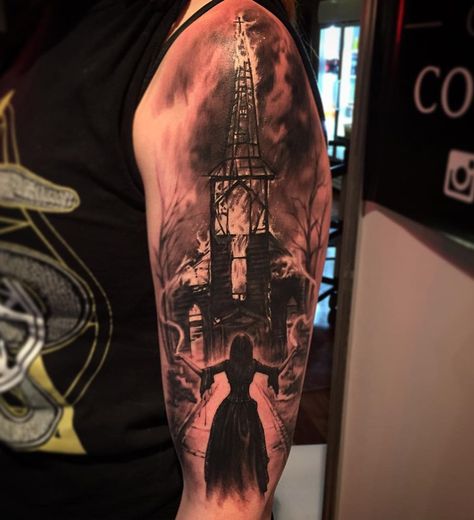 Evil witch watching as a church burns in-front of her, woman's sleeve. Lil Tattoo, Witch Burning, Ideas For Tattoos, Church Tattoo, Burning Church, Gothic Tattoos, Goth Tattoo, Witch Tattoo, Best Tattoo Ideas