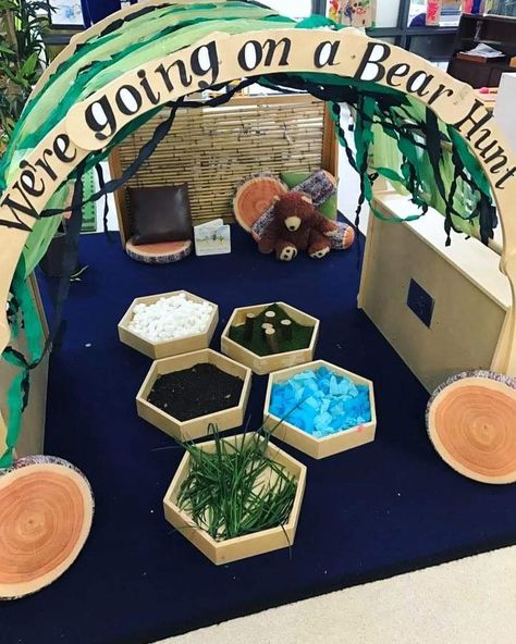 Book Provocations Kindergarten, Bear Hunt Dramatic Play, Story Activities Eyfs, Story Workshop Provocations, Eyfs Themes Topics, Bookish Play Ideas, Storytelling Ideas For Kids, Story Corner Ideas Eyfs, Reggio Dramatic Play Area