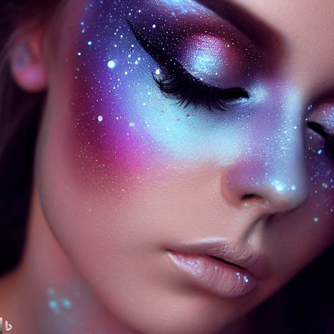 ! THIS IS AI, AND NOT REAL ! Out Of This World Makeup Ideas, Galaxy Makeup Looks Eyeshadows, Blue Galaxy Makeup, Magical Makeup Looks, Space Theme Makeup, Space Inspired Makeup, Alien Inspired Makeup, Astronaut Makeup, Alien Eye Makeup