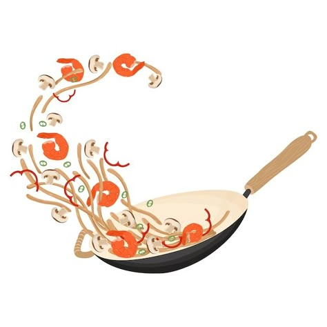 Vector pan with noodle, tempura, paper a... | Premium Vector #Freepik #vector #wok #spicy-food #thai-cuisine #thai-food Spicy Food Illustration Art, Thai Food Illustration, Wok Illustration, Thai Wok, Thai Recipes Noodles, Wall Magazine, Easy Thai Recipes, Restaurant Card, Food Thai