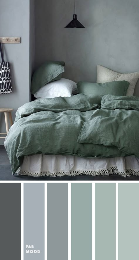 Grey green bedroom color palette - Fabmood | Wedding Colors, Wedding Themes, Wedding color palettes Green Bedroom Color Palette, Grey Green Bedroom, Grey Green Bedrooms, Grey Colour Scheme Bedroom, Green Bedroom Colors, Grey Bedroom Colors, Bedroom Color Palette, Bedroom Colour Palette, Room Color Schemes