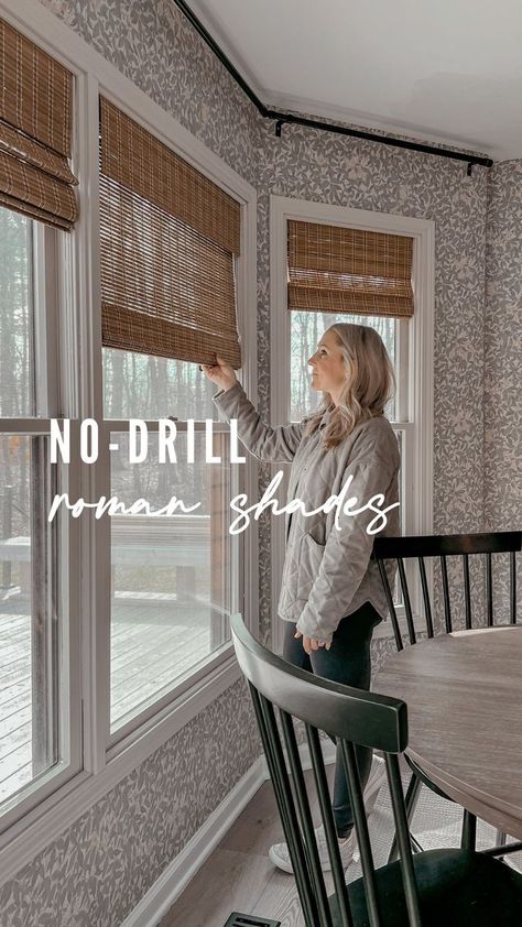 OKAY 👏🏼 I found the coolest product on Amazon 🤯 Bamboo Roman shades that don’t require ANY tools. No drill, no brackets, no nothing! It has a cool built-in feature that acts as a tension rod to hold up the shades inside your window trim DAMAGE FREE! I installed all 4 of them in less than 5 minutes. BRB ordering more for other rooms in my house 🤭 I’ll link them for you in stories/breakfast nook highlight or you can find them in my Amazon storefront! #amazonfinds #amazonhome #amazonprime #roma Tension Rod Window Treatments, Roman Shades Sunroom, Tension Rod Roman Shade, Bamboo Shades With Curtains Living Rooms, Tension Rod Curtains Living Room, Amazon Roman Shades, Roman Shade Outside Mount, Bamboo Shades Kitchen, Diy Bamboo Shades